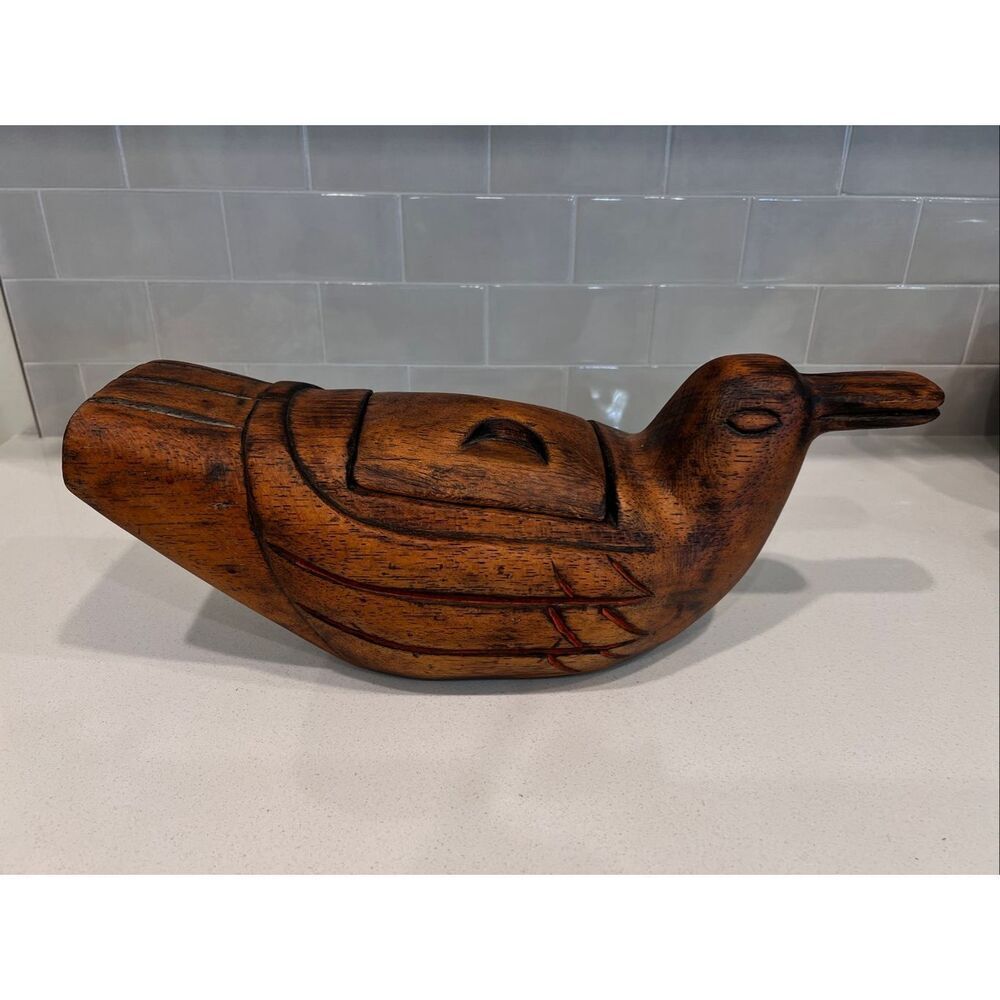 Vintage Hand Carved Wood Duck Box Primitive Folk Art Teak Trinket Prayer Vessel